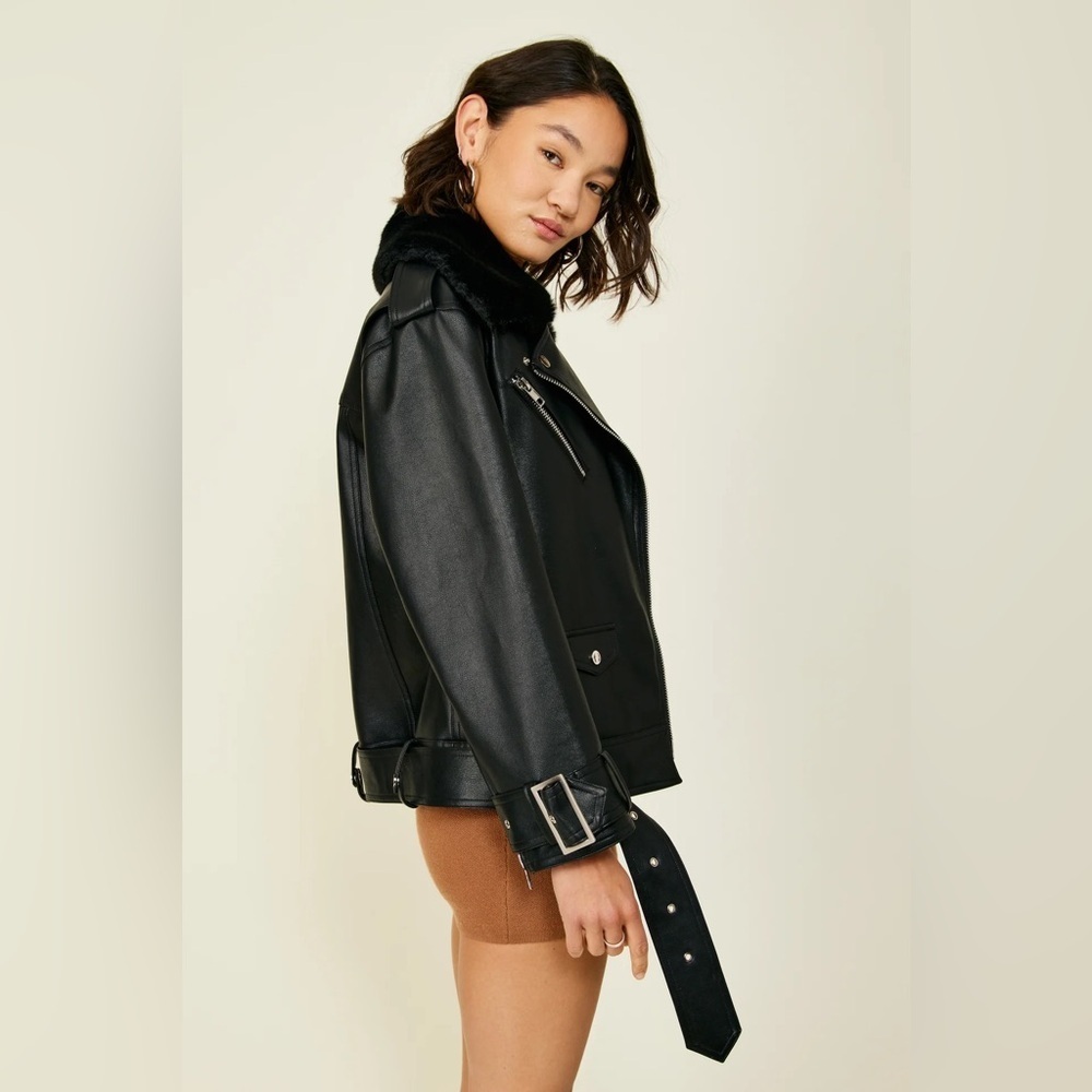 NWT Line & Dot Black Leather Jacket with Faux Fur Collar - Picture 4 of 5